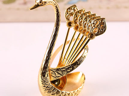 Gold Elegant Swan Cutlery Holder Set with 6 Dessert Spoons