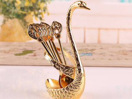 Gold Elegant Swan Cutlery Holder Set with 6 Dessert Spoons