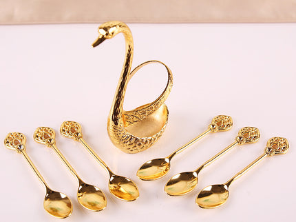 Gold Elegant Swan Cutlery Holder Set with 6 Dessert Spoons