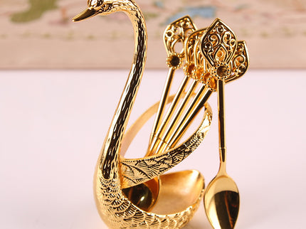 Gold Elegant Swan Cutlery Holder Set with 6 Dessert Spoons