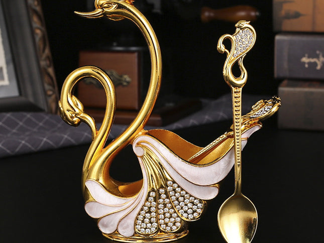 Gold Elegant Double Swan Cutlery Holder Set with 6pcs Spoons