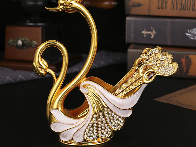 Gold Elegant Double Swan Cutlery Holder Set with 6pcs Spoons