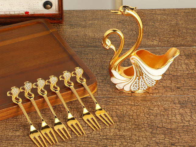 Gold Elegant Double Swan Cutlery Holder Set with 6pcs Fork