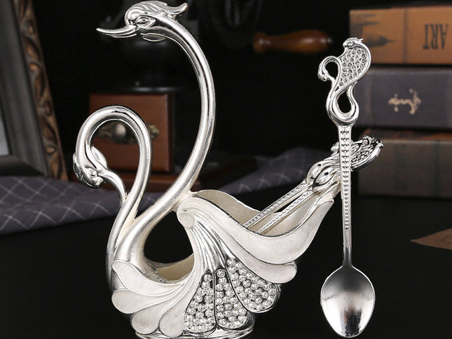 Silver Elegant Double Swan Cutlery Holder Set with 6pcs Spoons