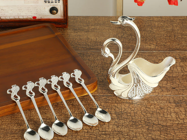 Silver Elegant Double Swan Cutlery Holder Set with 6pcs Spoons