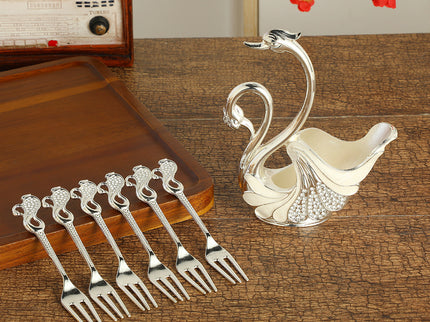 Silver Elegant Double Swan Cutlery Holder Set with 6pcs Fork