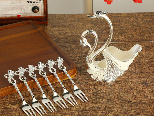 Silver Elegant Double Swan Cutlery Holder Set with 6pcs Fork