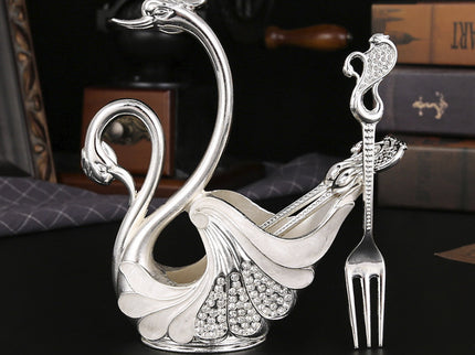 Silver Elegant Double Swan Cutlery Holder Set with 6pcs Fork