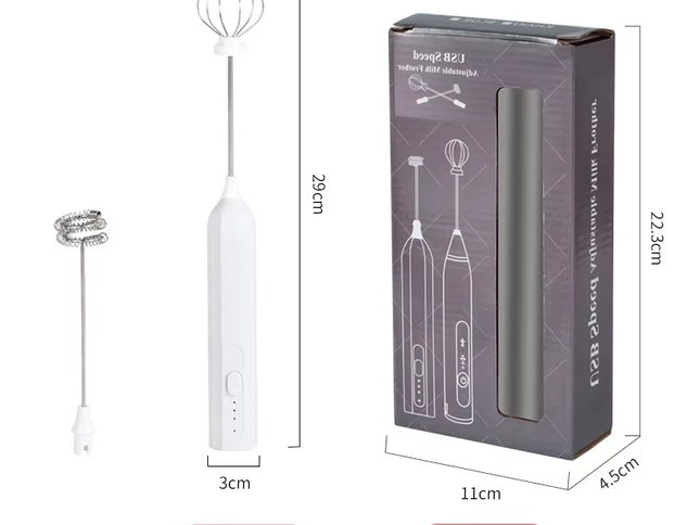 White Mini Hand Mixer with Frother & Balloon Whisk Heads - Rechargeable Kitchen Tool
