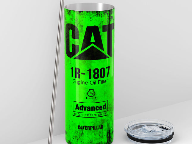 Green Skinny Tumbler (591ml) - Fun CAT Oil Filter Replica for Construction Fans