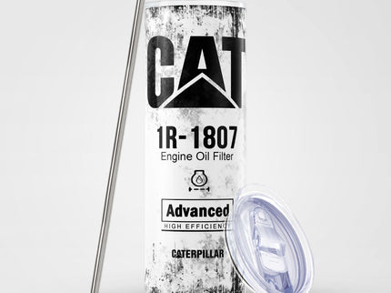 White Skinny Tumbler (591ml) - Fun CAT Oil Filter Replica for Construction Fans
