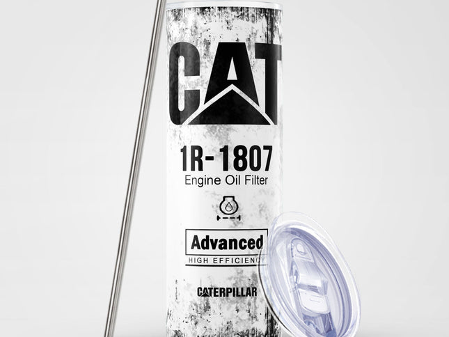 White Skinny Tumbler (591ml) - Fun CAT Oil Filter Replica for Construction Fans