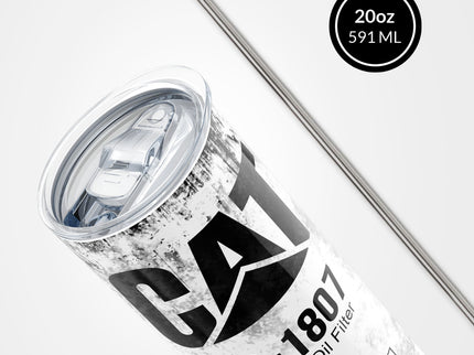 White Skinny Tumbler (591ml) - Fun CAT Oil Filter Replica for Construction Fans