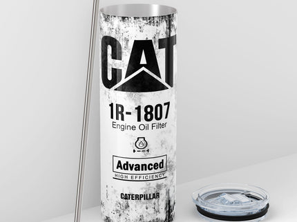 White Skinny Tumbler (591ml) - Fun CAT Oil Filter Replica for Construction Fans