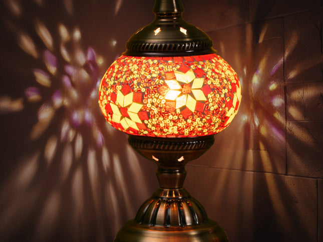Red Exotic Mosaic Table Lamp - Handmade Turkish/Moroccan Style, 3-Color LED (Style 3)