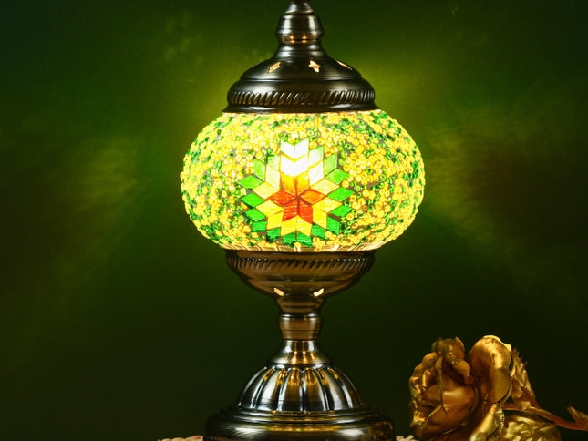 Green Exotic Mosaic Table Lamp - Handmade Turkish/Moroccan Style, 3-Color LED (Style 4)