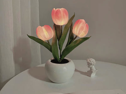 Pink Charging model Artificial Tulip Bouquet LED Light - Ceramic Pot Desk Lamp