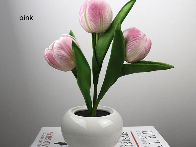 Pink Charging model Artificial Tulip Bouquet LED Light - Ceramic Pot Desk Lamp