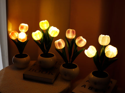White Charging model Artificial Tulip Bouquet LED Light - Ceramic Pot Desk Lamp