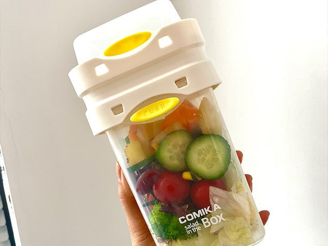 White Portable salad cup with ingredient compartment and fork and spoon - enjoy breakfast on the go