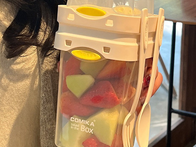 White Portable salad cup with ingredient compartment and fork and spoon - enjoy breakfast on the go