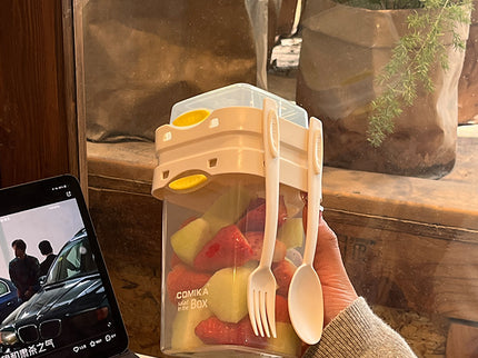 White Portable salad cup with ingredient compartment and fork and spoon - enjoy breakfast on the go