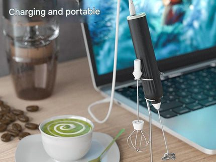 White USB Rechargeable Milk Frother - 3-Speed Handheld Electric Whisk with Stand