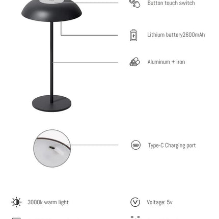 Brown Minimalist Rechargeable LED Touch Table Lamp - 3-Color Stepless Dimming Metal Desk Light