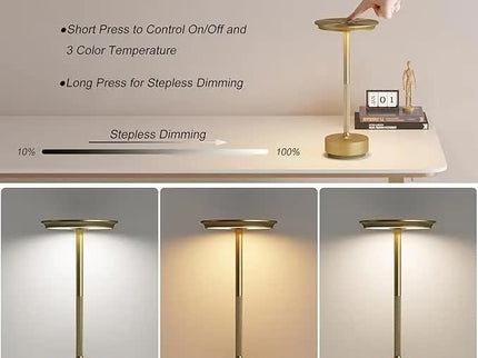 Gold Elegant Aluminum Alloy Rechargeable LED Touch Lamp - 3-Color Dimmable Cordless Table Light