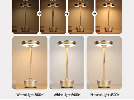 Gold Elegant Aluminum Alloy Rechargeable LED Touch Lamp - 3-Color Dimmable Cordless Table Light