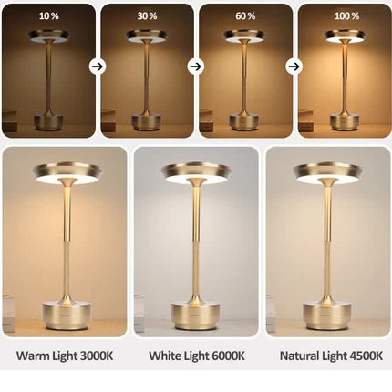 Gold Elegant Aluminum Alloy Rechargeable LED Touch Lamp - 3-Color Dimmable Cordless Table Light