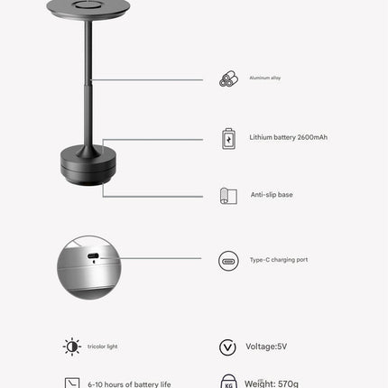 Gold Elegant Aluminum Alloy Rechargeable LED Touch Lamp - 3-Color Dimmable Cordless Table Light