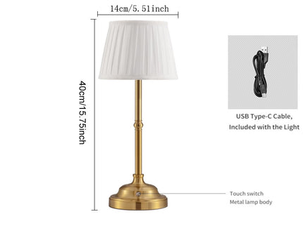 Gold and White Elegant Rechargeable Fabric Shade LED Lamp - Cordless Touch Stepless Dimmable Table Light
