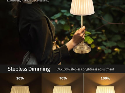 Gold and White Elegant Rechargeable Fabric Shade LED Lamp - Cordless Touch Stepless Dimmable Table Light