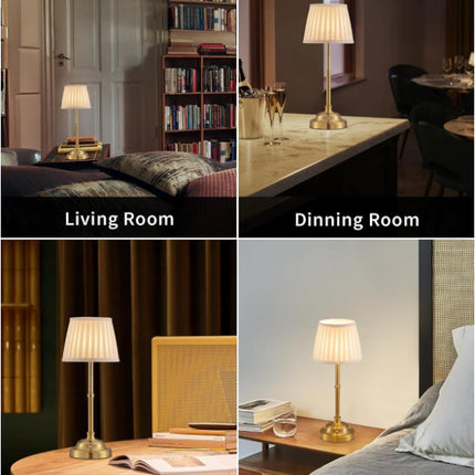 Gold and White Elegant Rechargeable Fabric Shade LED Lamp - Cordless Touch Stepless Dimmable Table Light