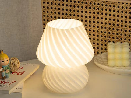 White Retro Swirl Glass Mushroom Table Lamp - USB Powered 3-Level Dimmable Bedside Accent Light