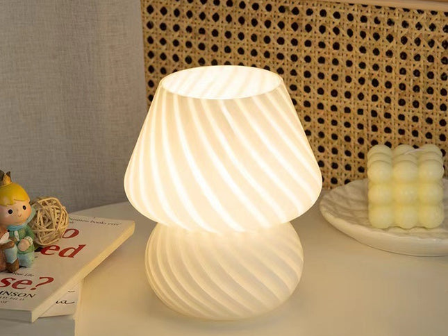 White Retro Swirl Glass Mushroom Table Lamp - USB Powered 3-Level Dimmable Bedside Accent Light