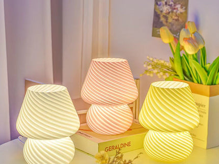 White Retro Swirl Glass Mushroom Table Lamp - USB Powered 3-Level Dimmable Bedside Accent Light