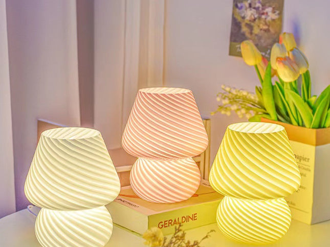 White Retro Swirl Glass Mushroom Table Lamp - USB Powered 3-Level Dimmable Bedside Accent Light