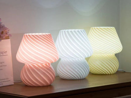 White Retro Swirl Glass Mushroom Table Lamp - USB Powered 3-Level Dimmable Bedside Accent Light