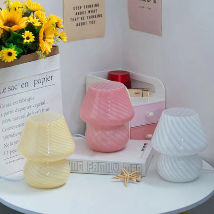 White Retro Swirl Glass Mushroom Table Lamp - USB Powered 3-Level Dimmable Bedside Accent Light