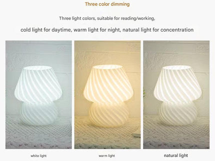 White Retro Swirl Glass Mushroom Table Lamp - USB Powered 3-Level Dimmable Bedside Accent Light