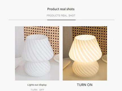 White Retro Swirl Glass Mushroom Table Lamp - USB Powered 3-Level Dimmable Bedside Accent Light