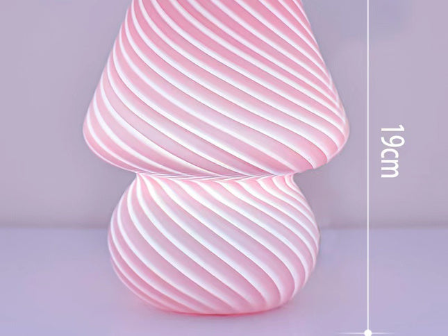 Pink Retro Swirl Glass Mushroom Table Lamp - USB Powered 3-Level Dimmable Bedside Accent Light