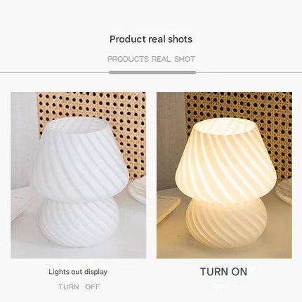 Yellow Retro Swirl Glass Mushroom Table Lamp - USB Powered 3-Level Dimmable Bedside Accent Light