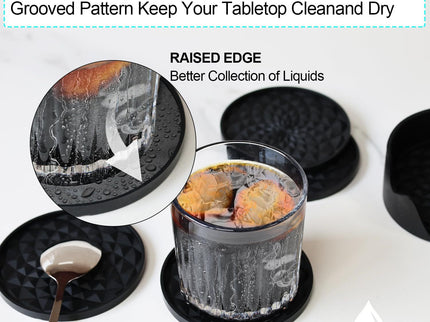 Black Geometric Silicone Drink Coasters Set (6 Pack) with Holder - Non-Slip Table Protectors