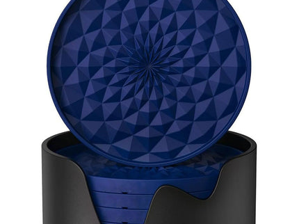 Dark Blue and Black Geometric Silicone Drink Coasters Set (6 Pack) with Holder - Non-Slip Table Protectors