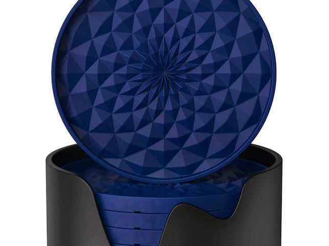Dark Blue and Black Geometric Silicone Drink Coasters Set (6 Pack) with Holder - Non-Slip Table Protectors