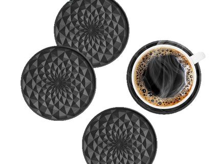 Dark Blue and Black Geometric Silicone Drink Coasters Set (6 Pack) with Holder - Non-Slip Table Protectors
