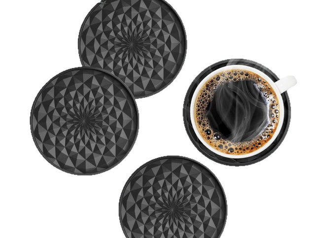 Dark Blue and Black Geometric Silicone Drink Coasters Set (6 Pack) with Holder - Non-Slip Table Protectors